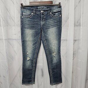 Paisley Sky Blue Embroidered Jeweled Distressed Cropped Ankle Jeans Size 6